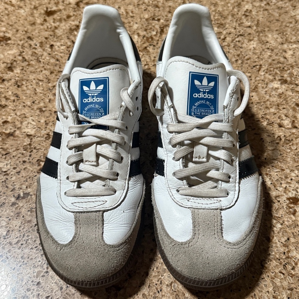 Adidas Samba White and Black Sneakers with Blue Logo